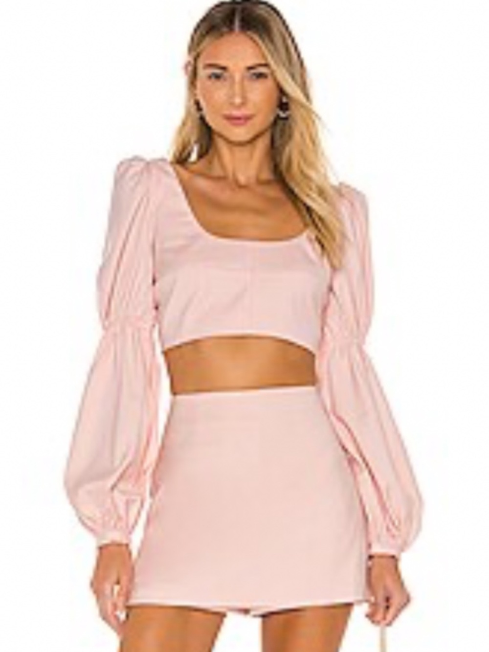 Lovers + Friends Daphne skort set tulip pink long bubble sleeve crop top small